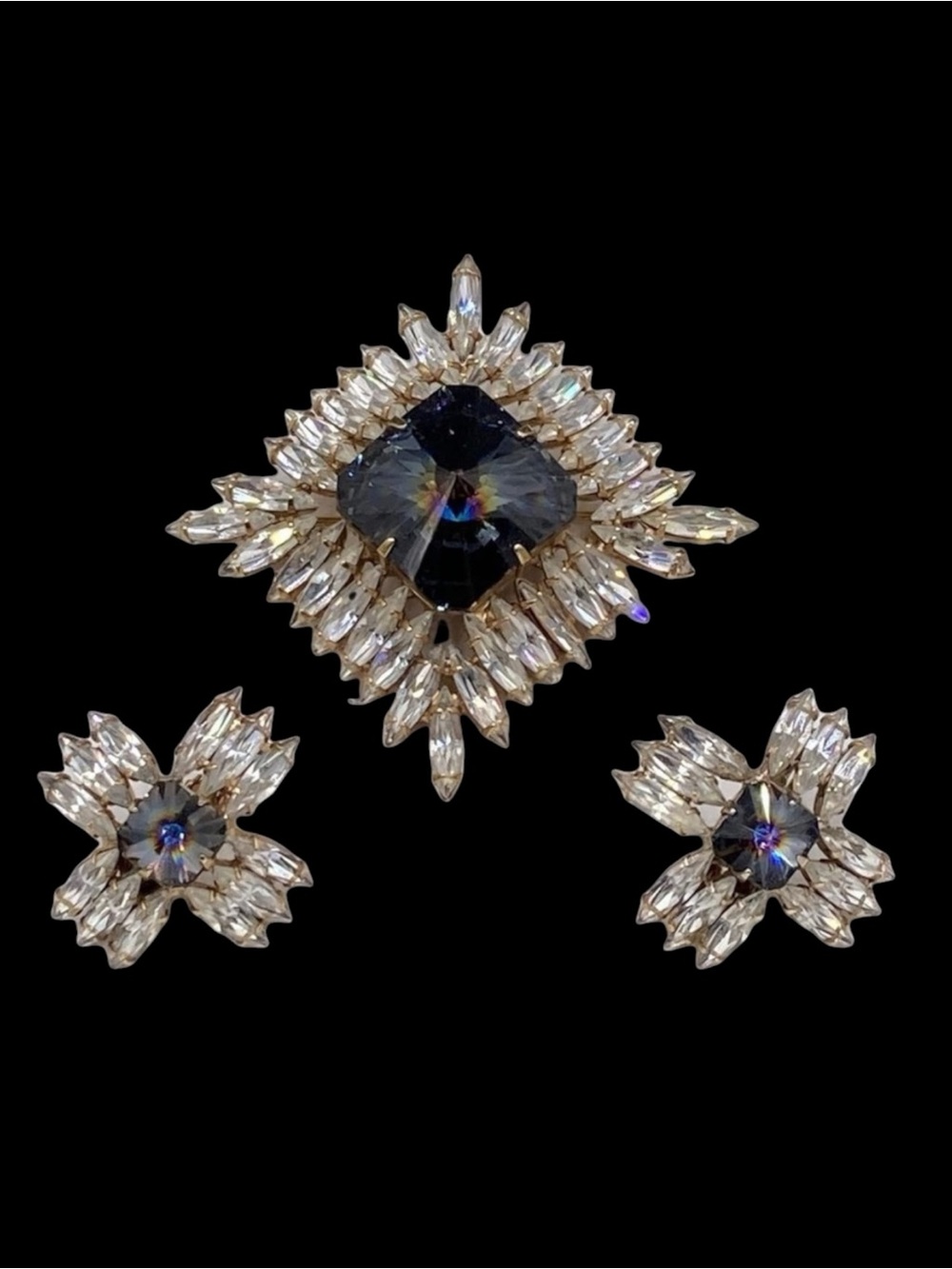 Vintage Austria Smoky Blue Square Rivoli Rhinestone Brooch Earring Set